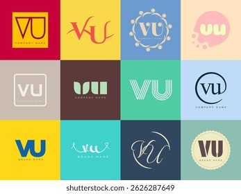 VU logo company template. Letter v and u logotype. Set different classic serif lettering and modern bold text with design elements. Initial font typography. Collection trendy business identity.