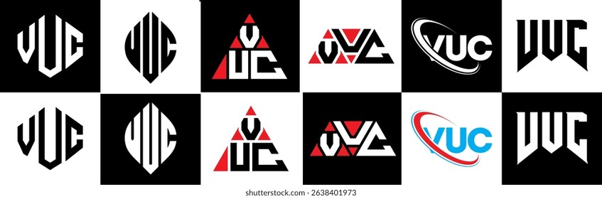 VUC letter logo design in six style. VUC polygon, circle, triangle, hexagon, flat and simple style with black and white color variation letter logo set in one artboard. VUC minimalist and classic logo