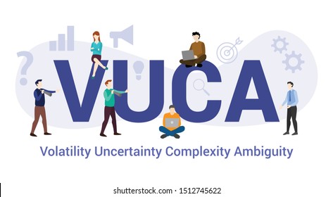 vuca volatility uncertainty complexity ambiguity concept with big word or text and team people with modern flat style - vector