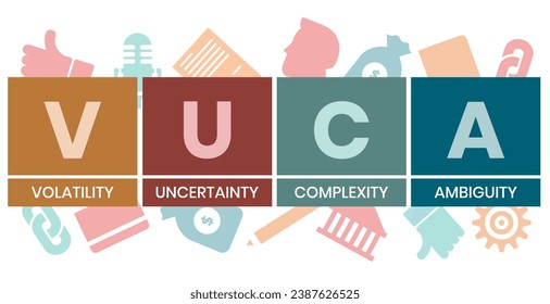 VUCA, volatilidad, incertidumbre, complejidad y ambigüedad de las condiciones y situaciones generales. Concepto con palabras clave, letras e iconos. Ilustración vectorial plana de color sobre fondo blanco.