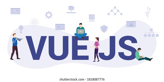 vue js concept with modern big text or word and people with icon related modern flat style