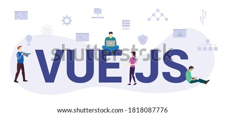 vue js concept with modern big text or word and people with icon related modern flat style