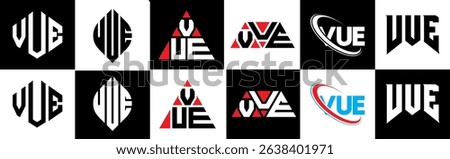 VUE letter logo design in six style. VUE polygon, circle, triangle, hexagon, flat and simple style with black and white color variation letter logo set in one artboard. VUE minimalist and classic logo