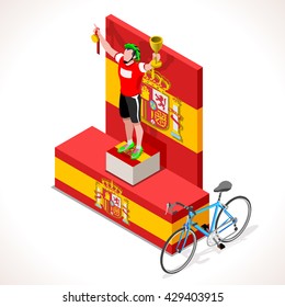 Vuelta de Espana. Spain racing cyclist riding bicycle path. Flat 3D isometric people set cyclist vector icon. Isometric bicycle race Cycling icon. Winner Red Shirt. Winning Bicyclist Podium Pedestal