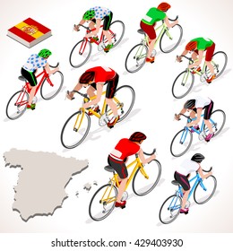 Vuelta de Espana. Spain racing cyclist group riding bicycle path. Flat 3D isometric people set of cyclist vector icons. Isometric bicycle race Cycling icons. Winner Red Shirt. Winning Bicyclist