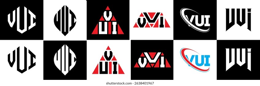 VUI letter logo design in six style. VUI polygon, circle, triangle, hexagon, flat and simple style with black and white color variation letter logo set in one artboard. VUI minimalist and classic logo