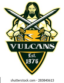 Vulcan logo Blacksmith with swards Wielding Retro Shield Emblem