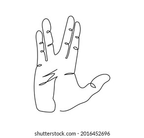 Gesto vulcano Salute arte de una línea. Dibujo continuo de la línea de gesto, palma, mano derecha, gesto de bienvenida.