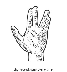 Vulcan salute hand gesture line art sketch engraving vector illustration. T-shirt apparel print design. Scratch board imitation. Black and white hand drawn image.