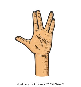 Vulcan salute hand gesture line art sketch engraving color vector illustration. T-shirt apparel print design. Scratch board imitation. Black and white hand drawn image.