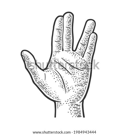 Vulcan salute hand gesture line art sketch engraving vector illustration. T-shirt apparel print design. Scratch board imitation. Black and white hand drawn image.