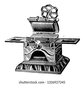 vulcanizer is a heavy machine used at high pressure. It has conventional, robust heating plates with hydraulic pressure systems, vintage engraved line art illustration. Bicycle Accessories - 1900