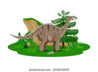 Vulcanodon caráter dinossauro pré-histórico. Vetor de desenhos animados marrom quadrupedal saurópode dino. Antigo réptil herbívoro animal de pé entre samambaias e rochas no ambiente do período Jurássico Inferior