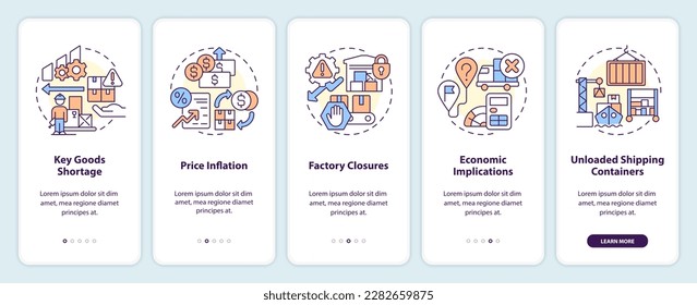 Vulnerabilities in supply chain onboarding mobile app screen. Business walkthrough 5 steps editable graphic instructions with linear concepts. UI, UX, GUI template. Myriad Pro-Bold, Regular fonts used