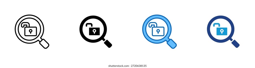 Vector de diseño de íconos de estilo múltiple: lupa que examina un candado desbloqueado, que representa la búsqueda de debilidades y la evaluación de las brechas de seguridad en los sistemas