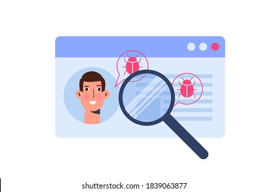 Vulnerability and bugs search or scan, finding malware concept.  Vector illustration.