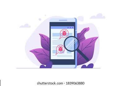 Vulnerability and bugs search or scan, finding malware concept.  Vector illustration.