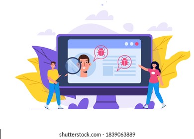 Vulnerability and bugs search or scan, finding malware concept.  Vector illustration.