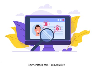 Vulnerability and bugs search or scan, finding malware concept.  Vector illustration.