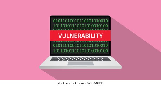 vulnerability concept illustration with laptop comuputer and text banner on screen with flat style and long shadow