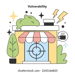 Vulnerabilidad. Factor frustrante e irritante al iniciar y desarrollar un pequeño negocio local. Posible fracaso y dificultades. Ilustración de vectores planos