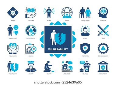 Vulnerability icon set. Attack, Emotional, Cognitive, Protection, Stress, Disadvantage, Public Health, Elderly People. Duotone color solid icons