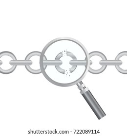 Vulnerability search. SEO optimization,web analytics, programming process  elements. IT Security Concept. Vector illustration. Magnifier and torn chain
