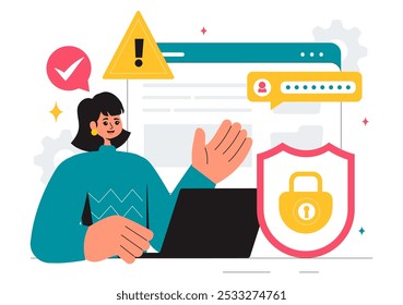 Vulnerability and Threat Management Solutions Vector Illustration featuring Data Breach Security Attack, Hacker Fraud, and Coding Issues in background