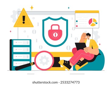 Vulnerability and Threat Management Solutions Vector Illustration featuring Data Breach Security Attack, Hacker Fraud, and Coding Issues in background