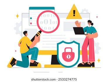 Vulnerability and Threat Management Solutions - Vektorgrafik mit Sicherheitsangriffen auf Datensicherheit, Hackerbetrug und Codeproblemen im Hintergrund
