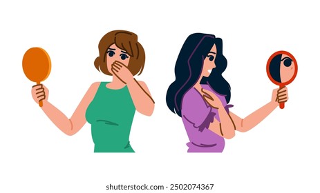 vulnerability woman mirror fear vector. perception appearance, scrutiny self-esteem, identity distortion vulnerability woman mirror fear character. people flat cartoon illustration