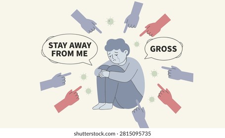 Vulnerable crying boy experiences social isolation and disease stigma with pointing hands of discrimination.