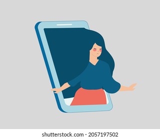 Vulnerable woman runs out of her cellphone. Girl feels solitude and loneliness on social media through mobile. Online network influence on mental health and psychological wellness. Vector illustration