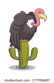 Vulture Bird at Cactus Cartoon Isolated Illustration