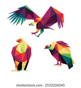 Vulture bird in colorful Polygonal Low Poly Set. Collection colorful abstract Vector of Vulture. Flying Vulture Colorful Abstract logo.