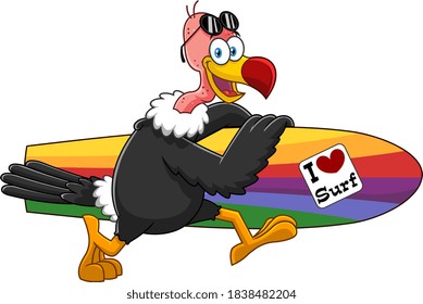 Vulture Bird Cute Cartoon Character Running With A Surfboard. Vector Illustration Isolated On White Background