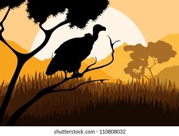 Vulture bird hunting in wild nature landscape background illustration vector
