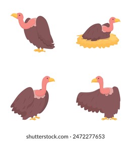 Iconos de aves buitre conjunto de dibujos animados Vector. Gran ave rapaz. Naturaleza salvaje