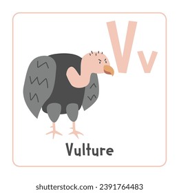 Vulture clipart. Vulture vector illustration cartoon flat style. Animals start with letter V. Animal alphabet card. Learning letter V card. Kids education. Cute vulture vector design