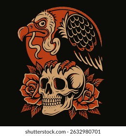 Vulture clutches a skull surrounded by roses in this striking illustration with a vintage feel Use for edgy designs and artwork.