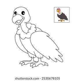 Vulture coloring pages for kids. Trace and color Vulture. Vulture animal flashcard for kids vector illustration. Letters V is for Vulture. Kindergarten and preschool worksheets printable for kids.