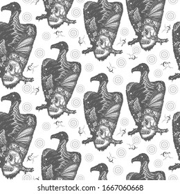 Vulture double exposure. Seamless pattern. Packing old paper, scrapbooking style. Vintage background. Medieval manuscript, engraving art. Skull and mountains. Symbol of life and death 