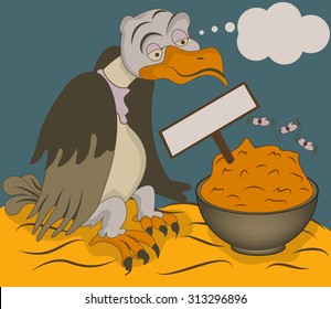vulture in front of his food bowl. The food could be easy removed from the bowl.