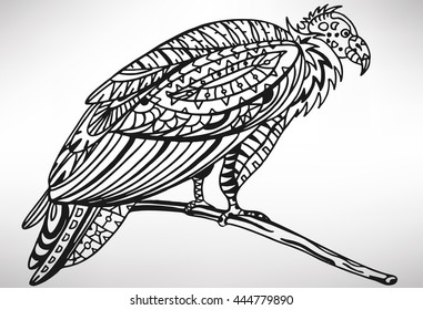 Vulture. Hand-drawn with ethnic pattern. Coloring page - isolated on a white background. Zendoodle patterns. Vector illustration.