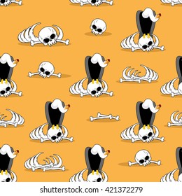 Vulture on bones in desert seamless pattern. Dead desert background. Griffon gnaw skeleton ornament. Condor and skeleton background. Griffon vulture is eating carrion. Scavenger birds of prey.
