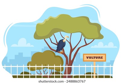 Vulture on territory of wildlife zoo park surrounded by fence. Vector illustration
