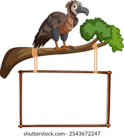 Vulture perched on branch above blank hanging sign