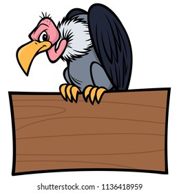 Vulture with Sign - A vector cartoon illustration of a Vulture sitting on a wood Sign.