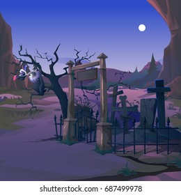 A vulture sits on the branch of a dead tree on the old cemetery in the night by the light of the full moon. Poster on theme of Halloween holiday party. Vector cartoon close-up illustration.