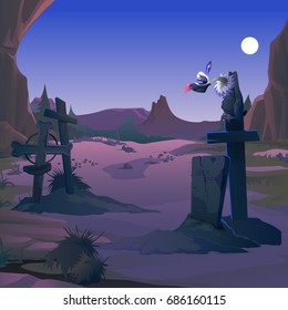 A vulture sits on a grave cross on the old cemetery in the twilight by the light of the full moon. Poster on theme of Halloween holiday party. Vector cartoon close-up illustration.